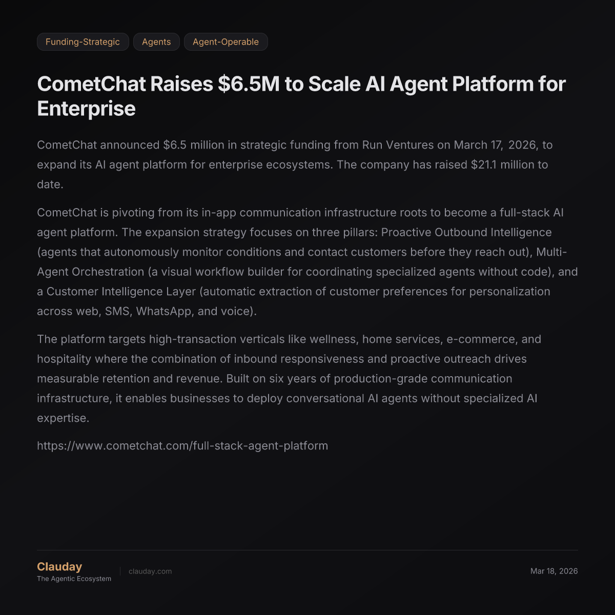 CometChat Raises $6.5M to Scale AI Agent Platform for Enterprise — Clauday