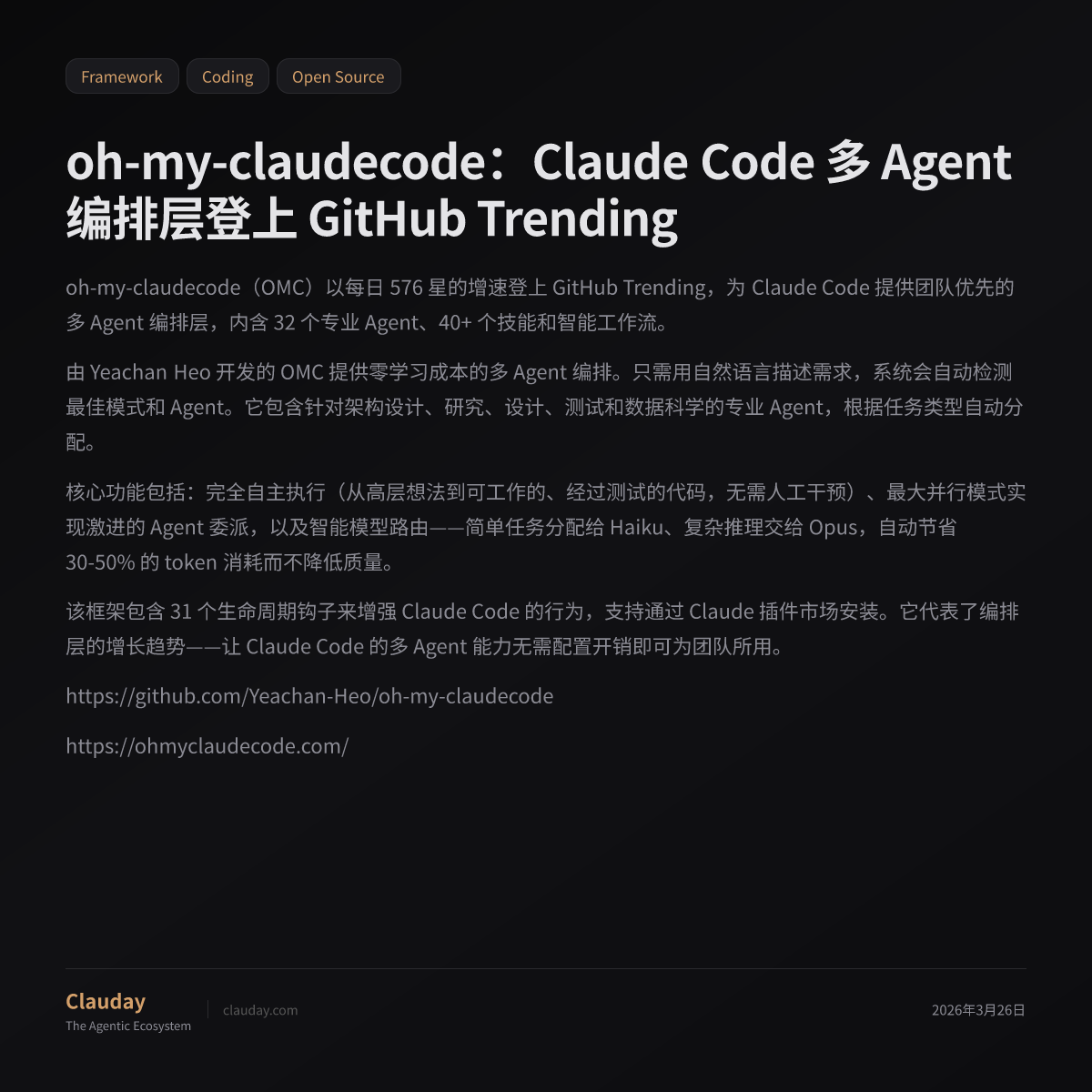 oh-my-claudecode：Claude Code 多 Agent 编排层登上 GitHub Trending — Clauday