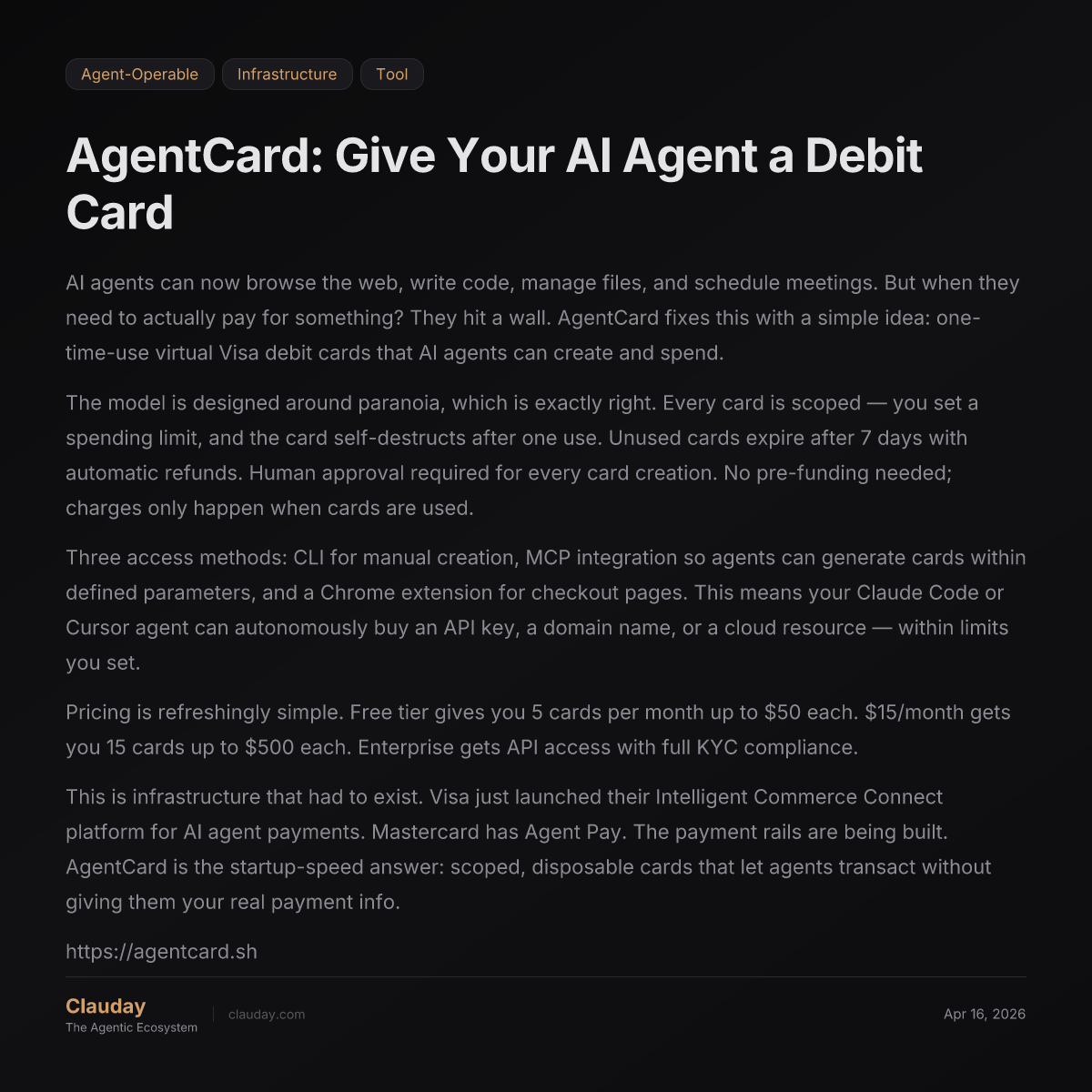 AgentCard: Give Your AI Agent a Debit Card — Clauday