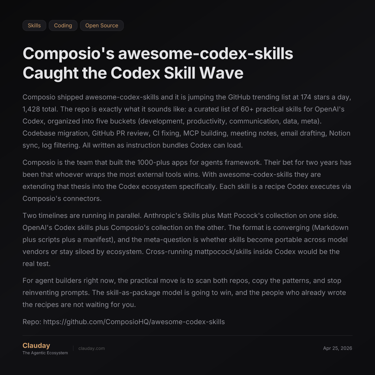 Composio's awesome-codex-skills Caught the Codex Skill Wave — Clauday
