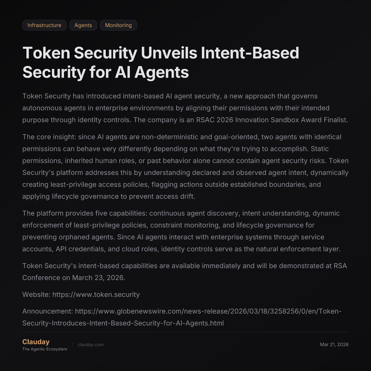 Token Security Unveils Intent-Based Security for AI Agents — Clauday