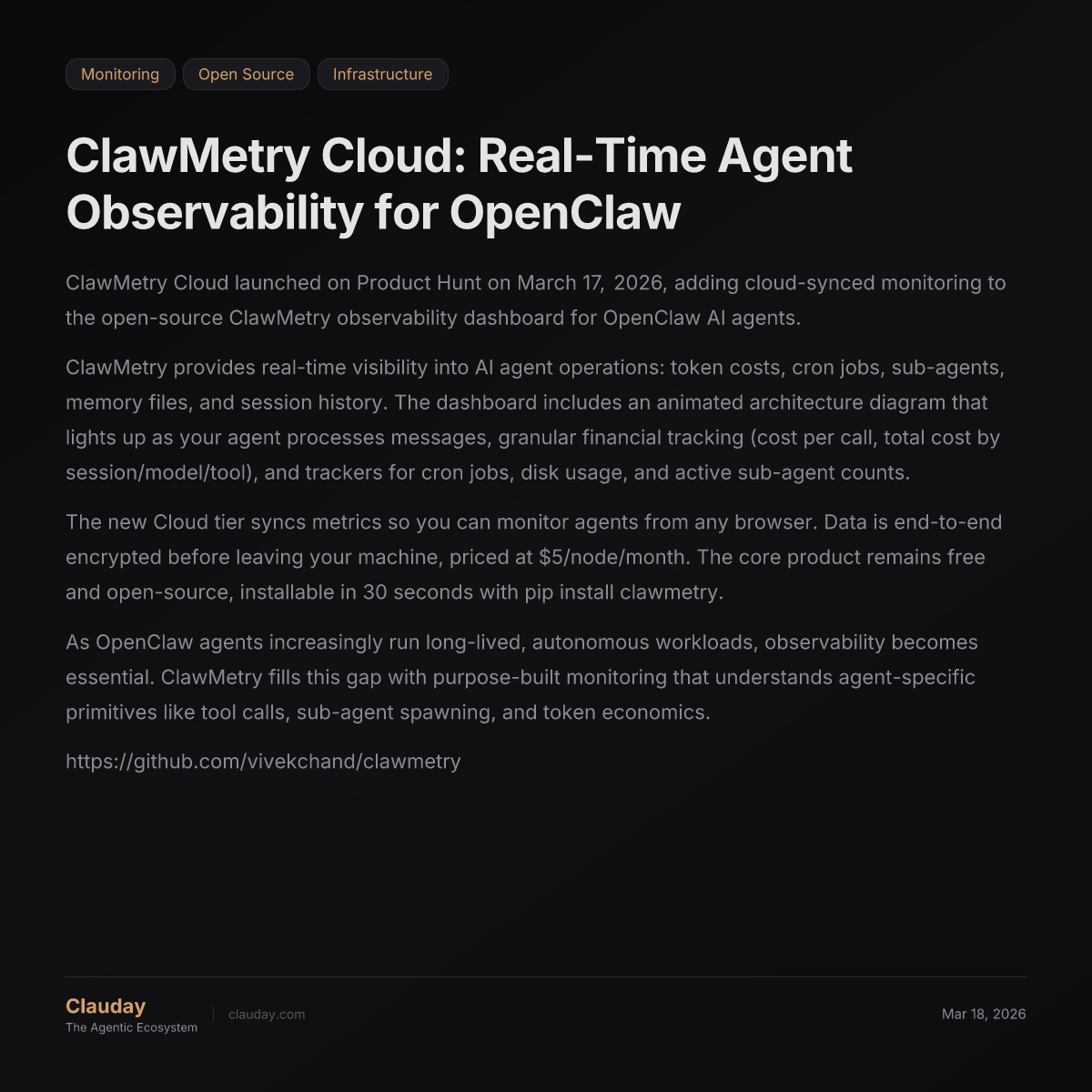 ClawMetry Cloud: Real-Time Agent Observability for OpenClaw — Clauday