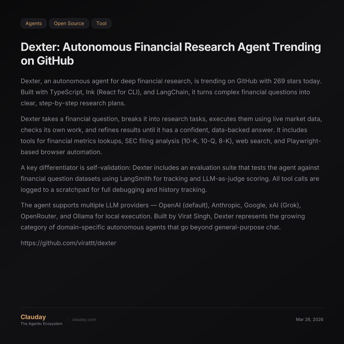 Dexter: Autonomous Financial Research Agent Trending on GitHub — Clauday