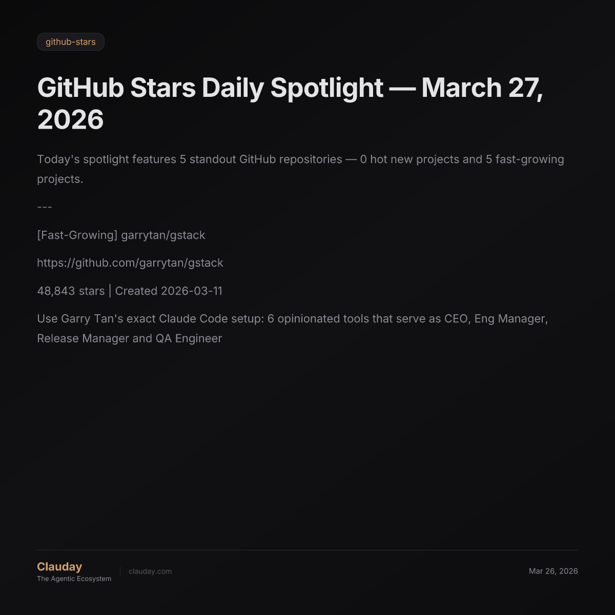 GitHub Stars Daily Spotlight — March 27, 2026 — Clauday