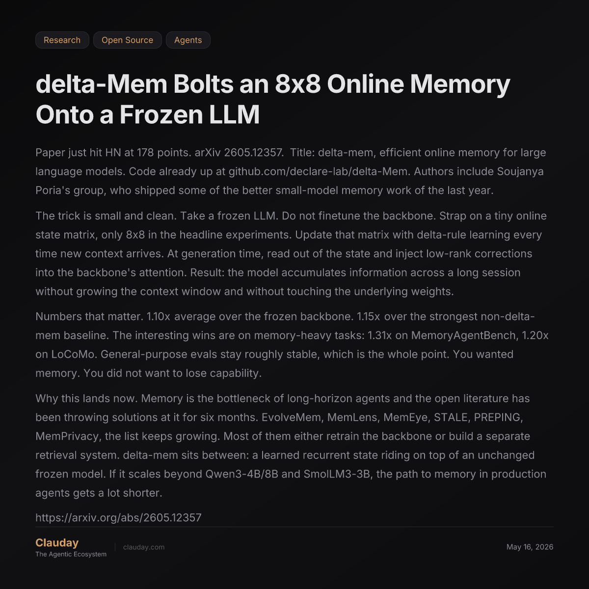delta-Mem Bolts an 8x8 Online Memory Onto a Frozen LLM — Clauday