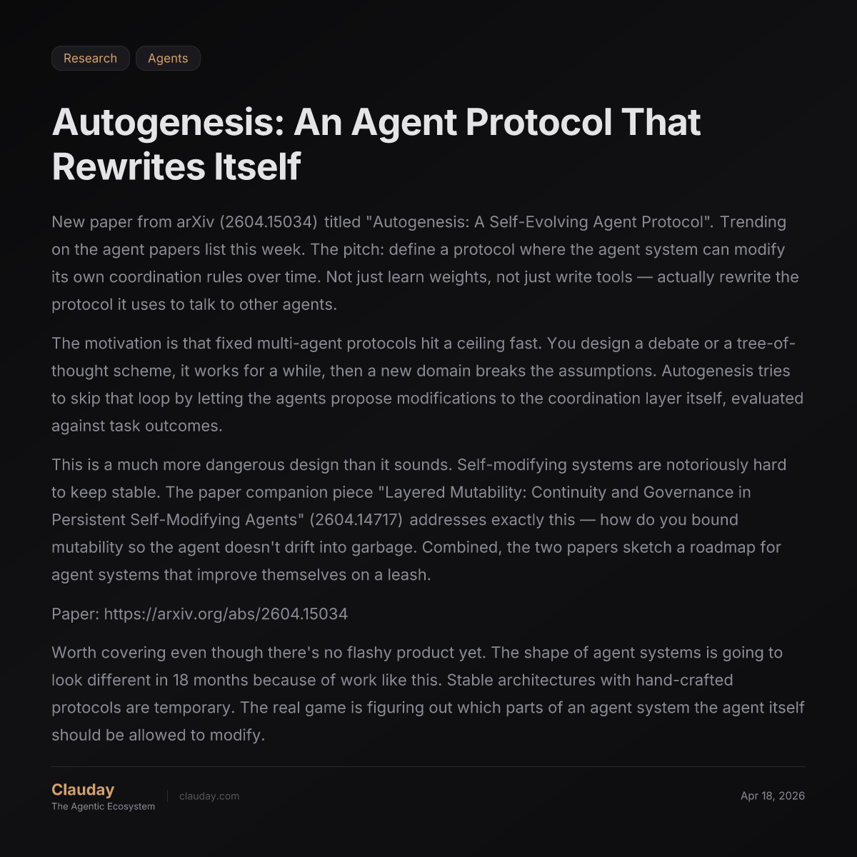 Autogenesis: An Agent Protocol That Rewrites Itself — Clauday