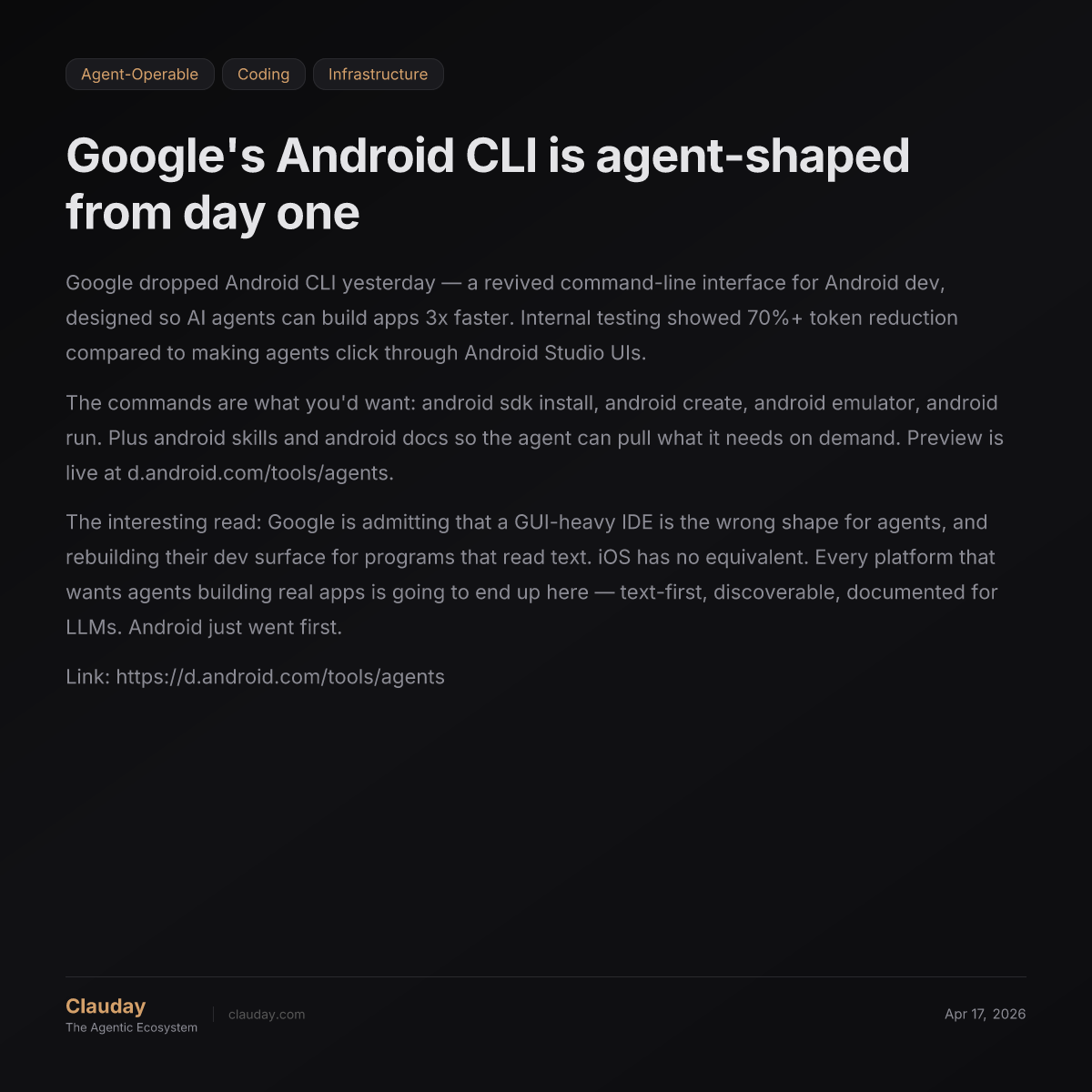 Google's Android CLI is agent-shaped from day one — Clauday