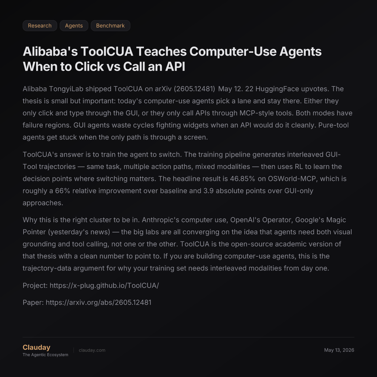 Alibaba's ToolCUA Teaches Computer-Use Agents When to Click vs Call an ...