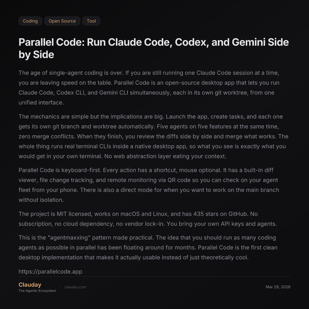 Parallel Code: Run Claude Code, Codex, and Gemini Side by Side — Clauday