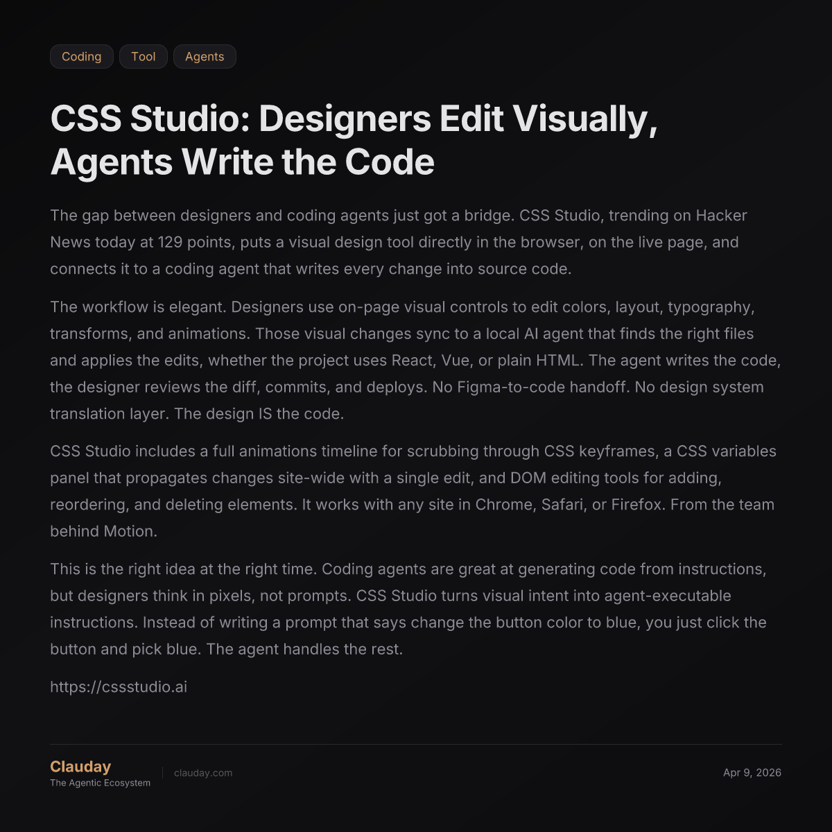 CSS Studio: Designers Edit Visually, Agents Write the Code — Clauday