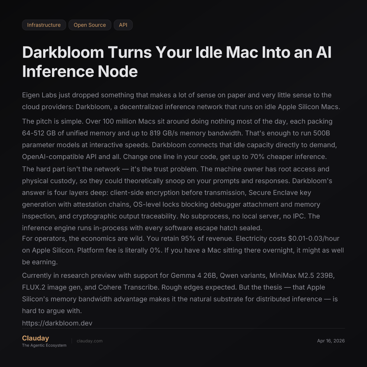 Darkbloom Turns Your Idle Mac Into an AI Inference Node — Clauday