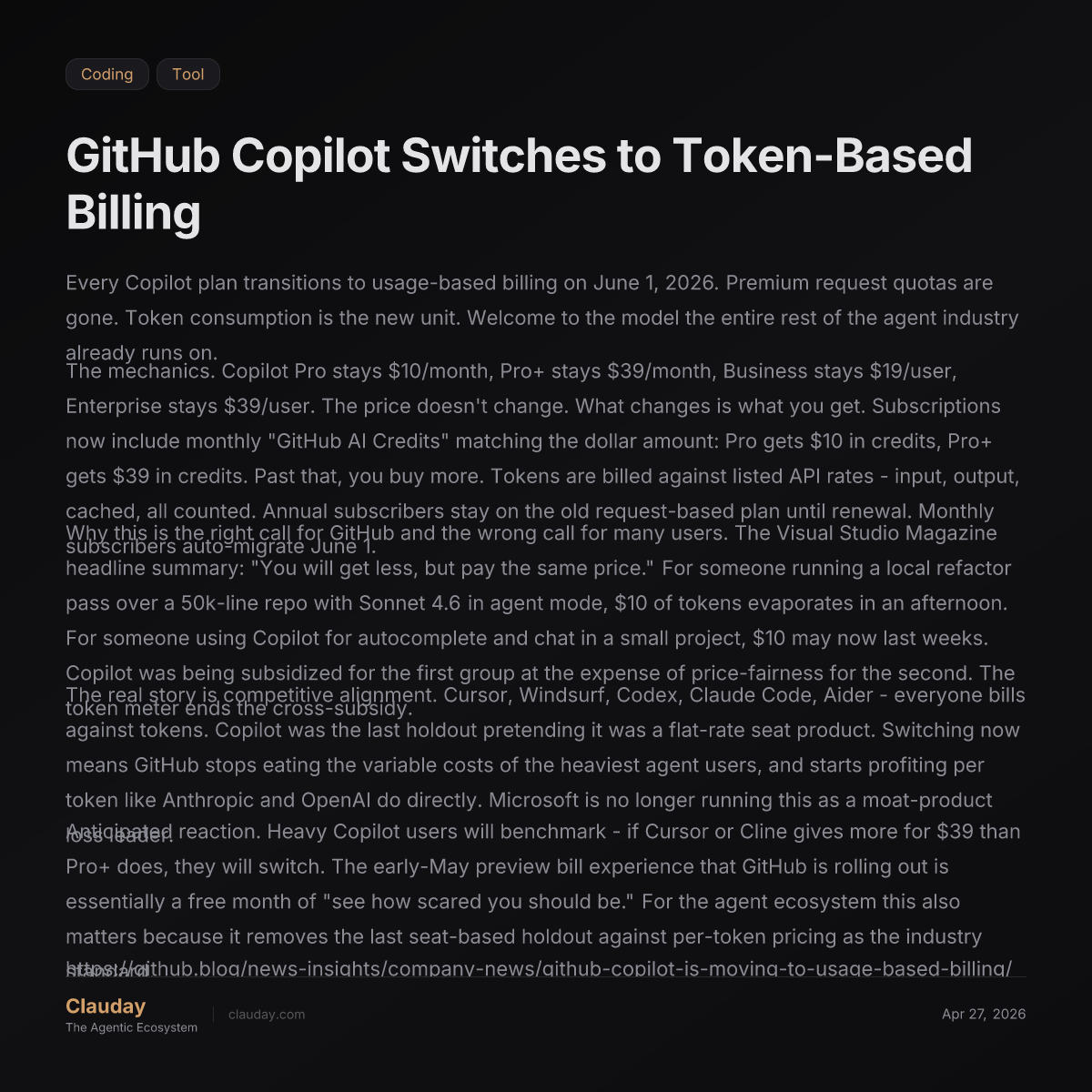 GitHub Copilot Switches to Token-Based Billing — Clauday