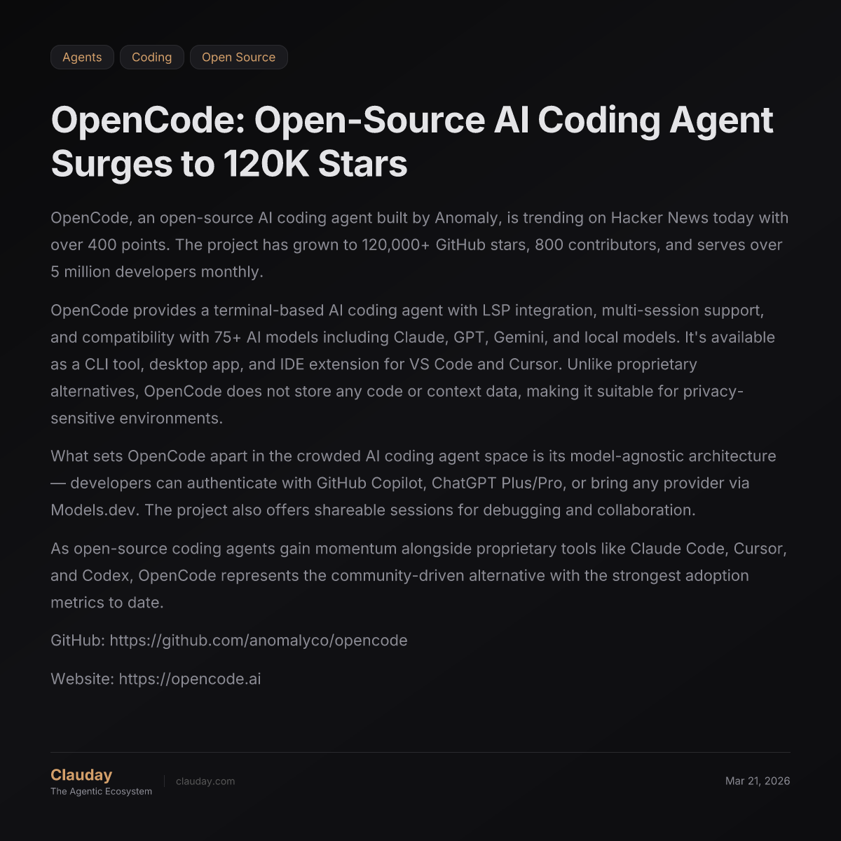 OpenCode: Open-Source AI Coding Agent Surges to 120K Stars — Clauday