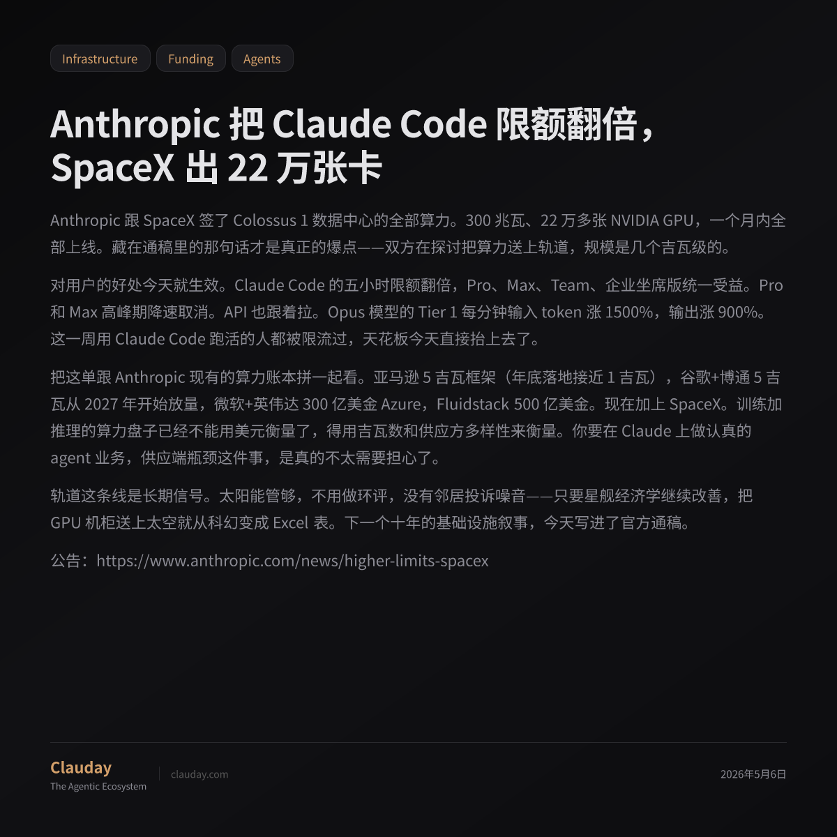 Anthropic 把 Claude Code 限额翻倍，SpaceX 出 22 万张卡 — Clauday