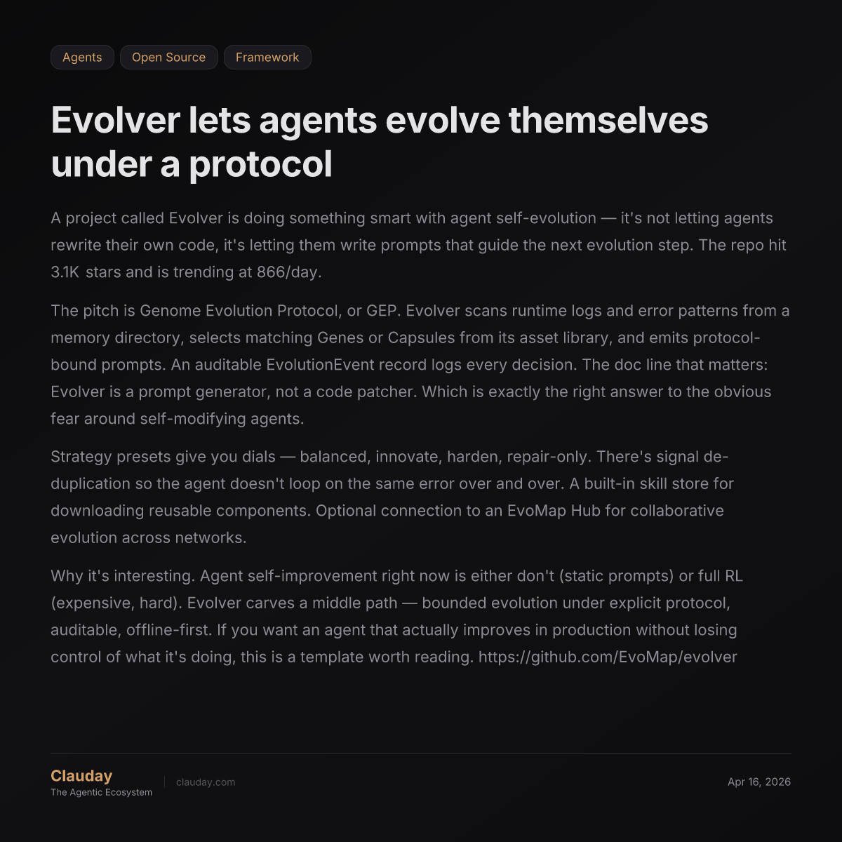 Evolver lets agents evolve themselves under a protocol — Clauday