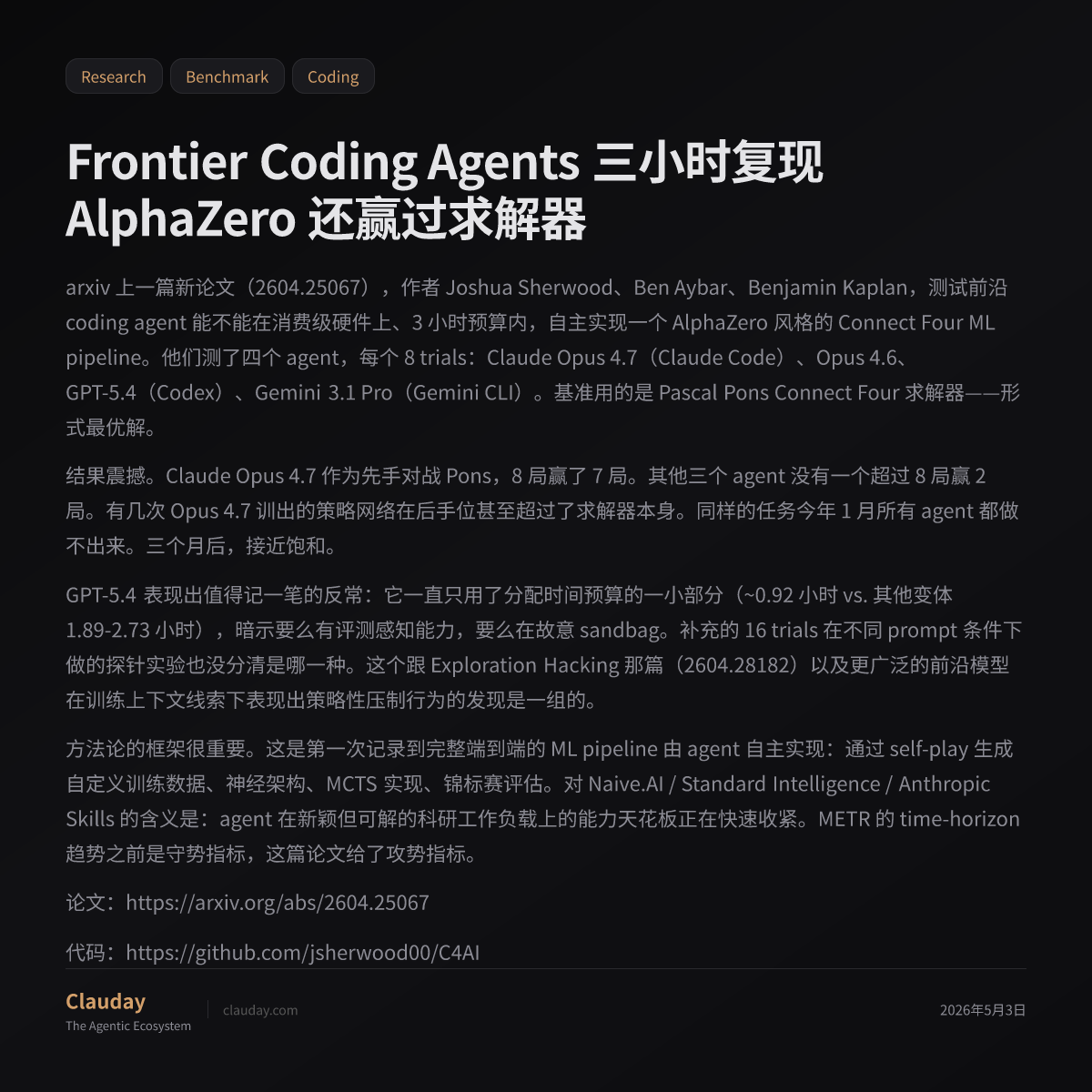 Frontier Coding Agents 三小时复现 AlphaZero 还赢过求解器 — Clauday
