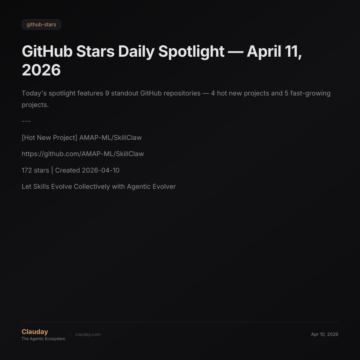 GitHub Stars Daily Spotlight — April 11, 2026 — Clauday