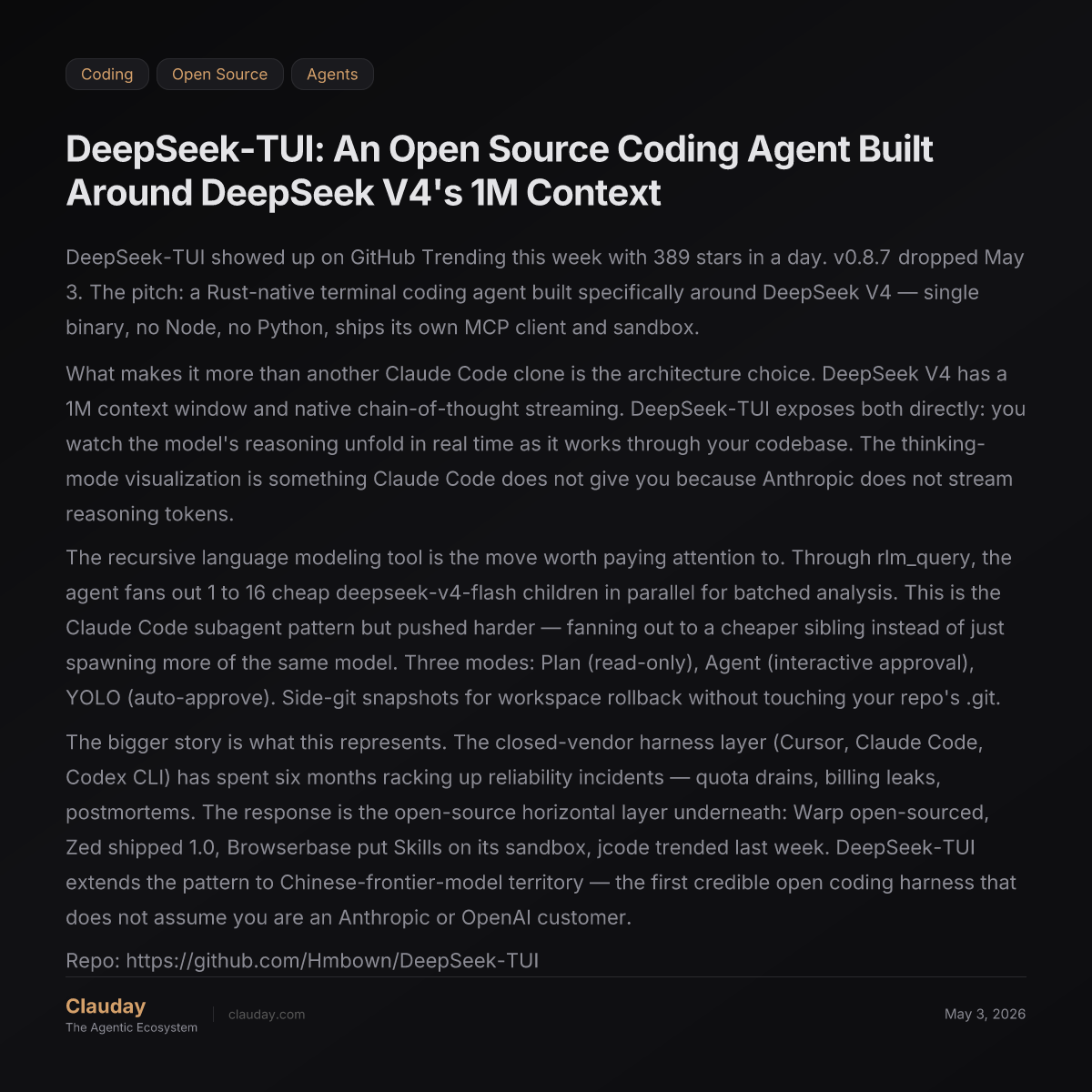 DeepSeek-TUI: An Open Source Coding Agent Built Around DeepSeek V4's 1M ...