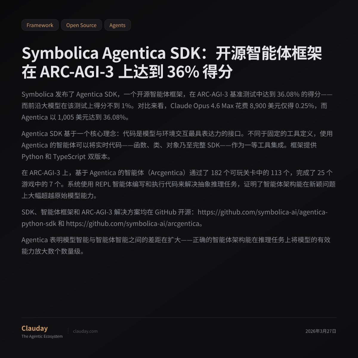 Symbolica Agentica SDK：开源智能体框架在 ARC-AGI-3 上达到 36% 得分 — Clauday