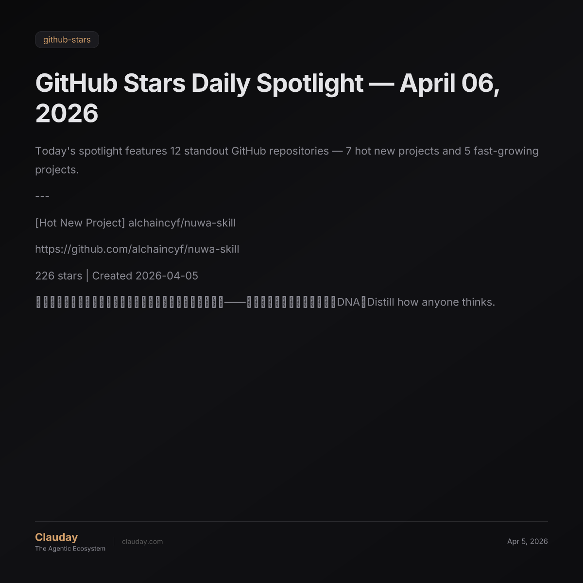 GitHub Stars Daily Spotlight — April 06, 2026 — Clauday