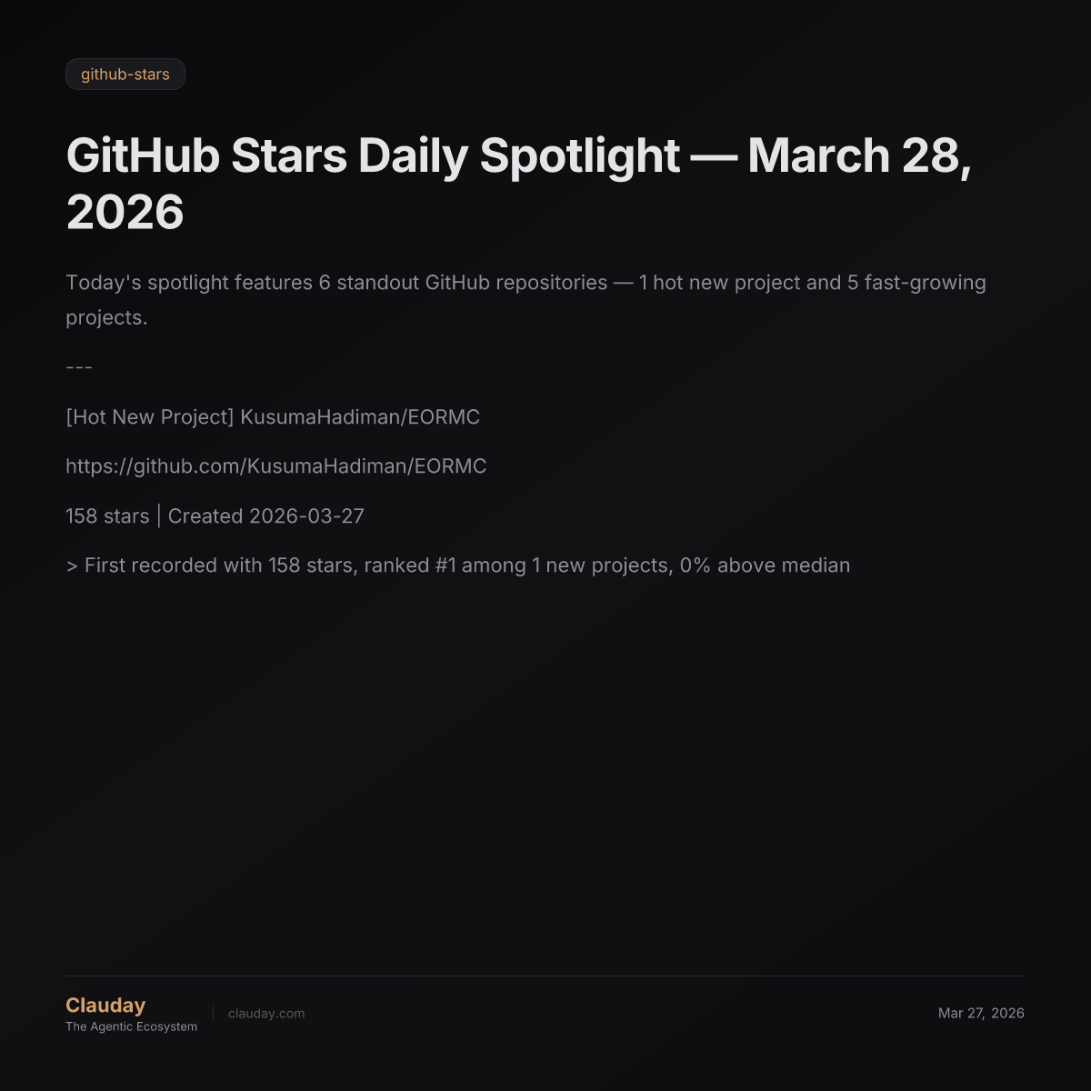 GitHub Stars Daily Spotlight — March 28, 2026 — Clauday