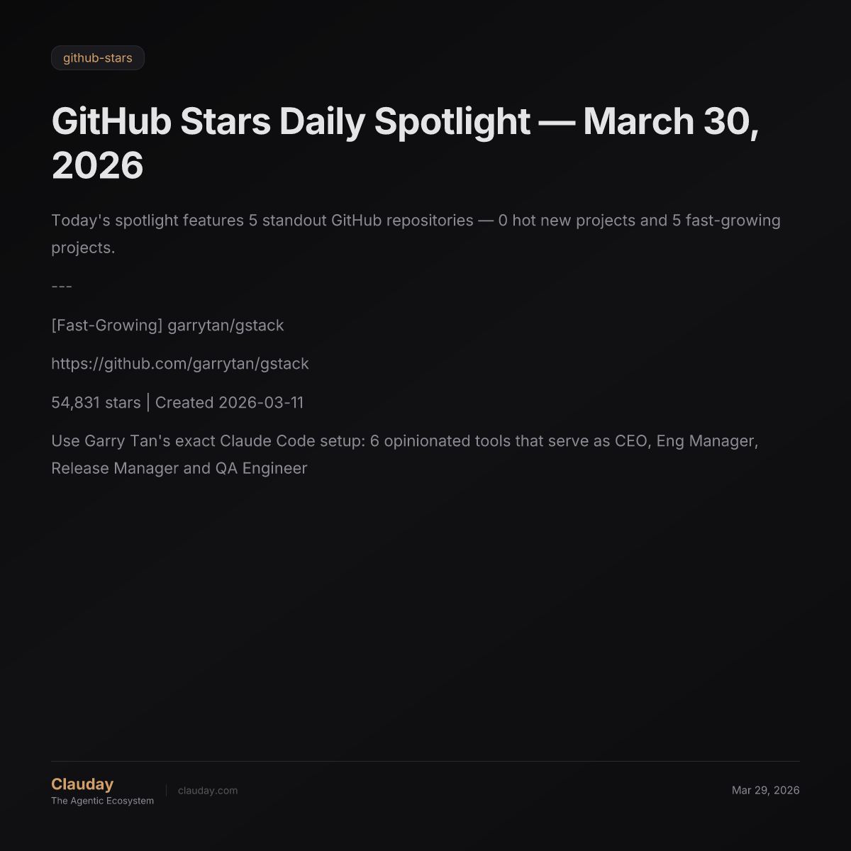 GitHub Stars Daily Spotlight — March 30, 2026 — Clauday