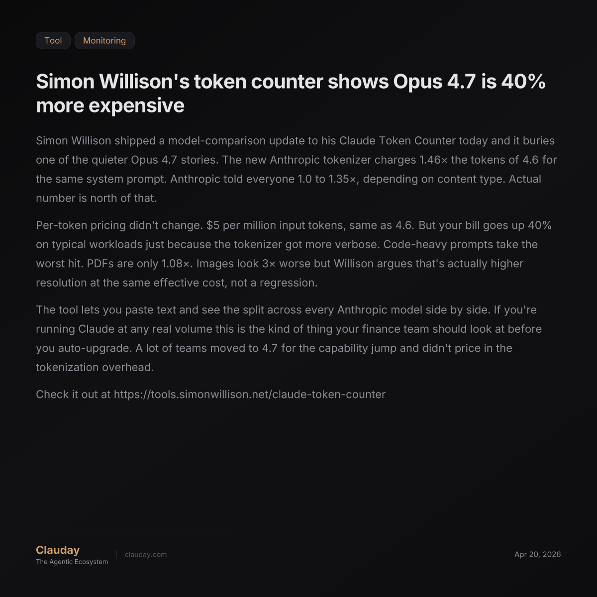 Simon Willison's token counter shows Opus 4.7 is 40% more expensive ...