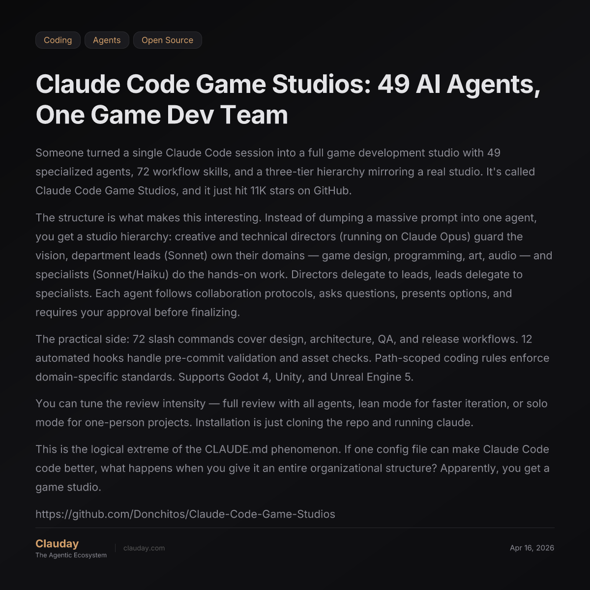 Claude Code Game Studios: 49 AI Agents, One Game Dev Team — Clauday
