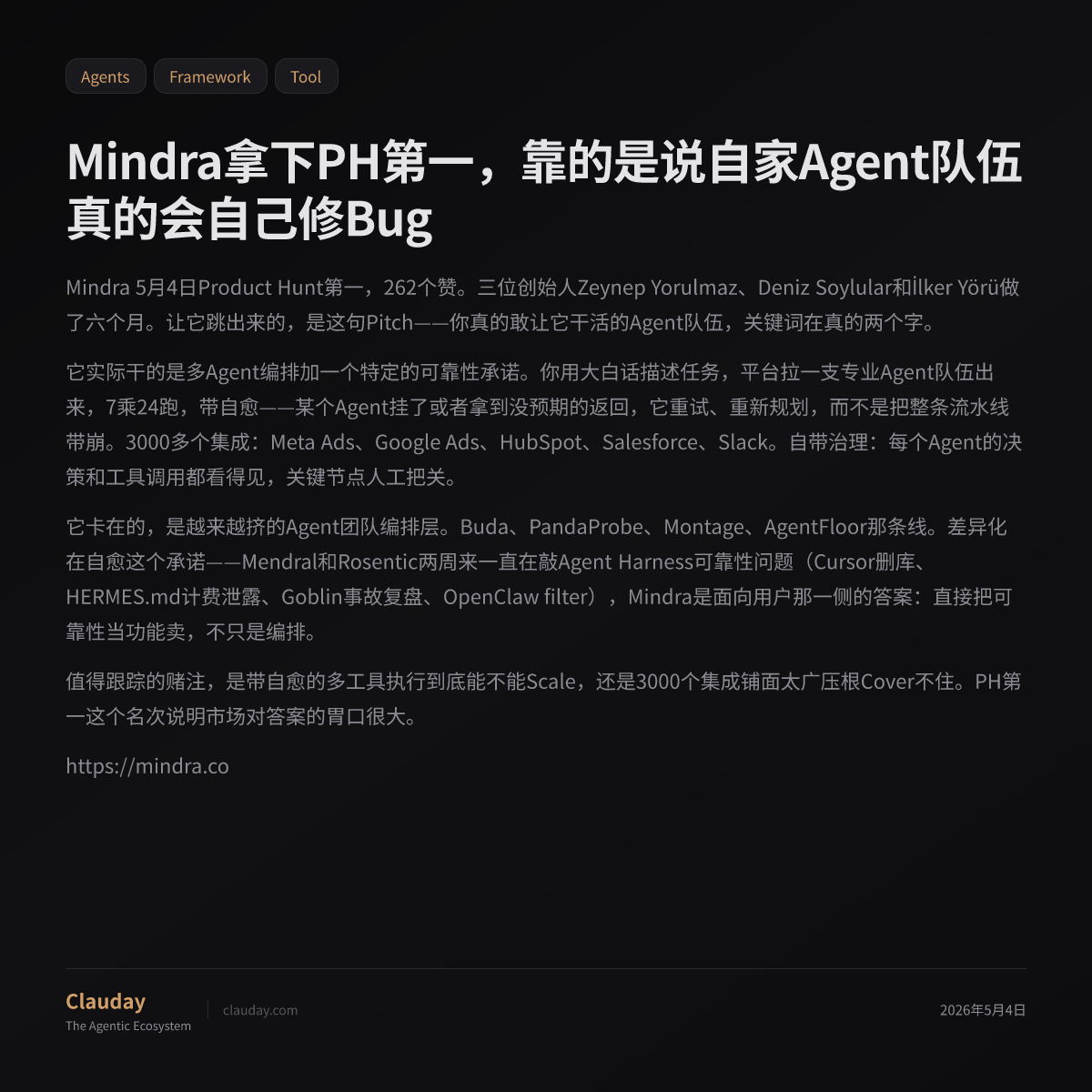 Mindra拿下PH第一，靠的是说自家Agent队伍真的会自己修Bug — Clauday